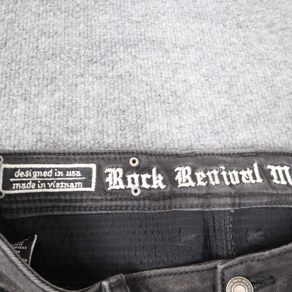 Rock Revival Moto Men Black Distressed Biker Jeans Slim Fit Ribbed Details READ - Picture 9 of 16